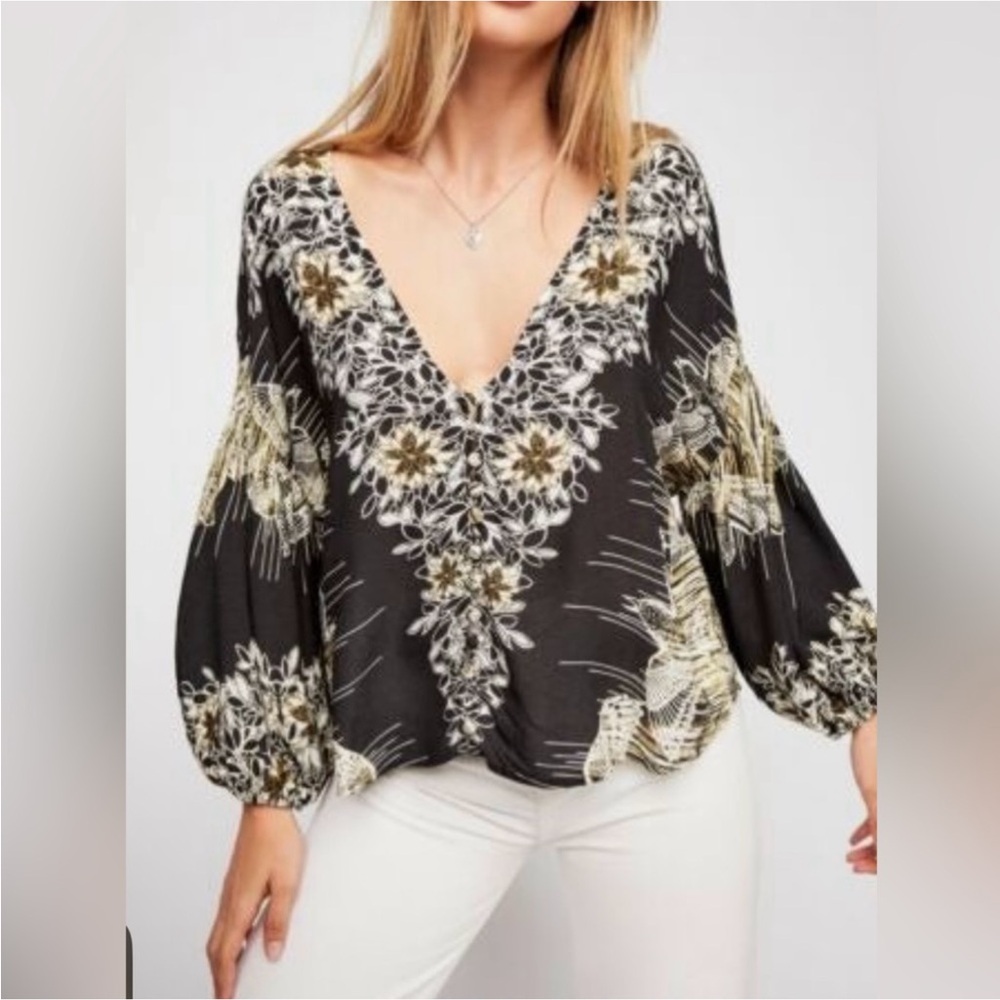 Free People Birds Of A Feather Floral Women's Balloon Long Sleeve Blouse Small